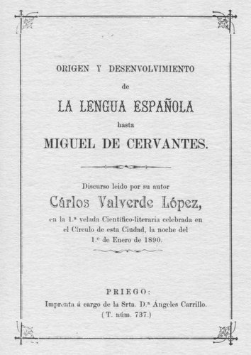 19.03.02.06. Portada, Origen y desenvolvimiento de la Lengua Española, 1890, Carlos Valverde.